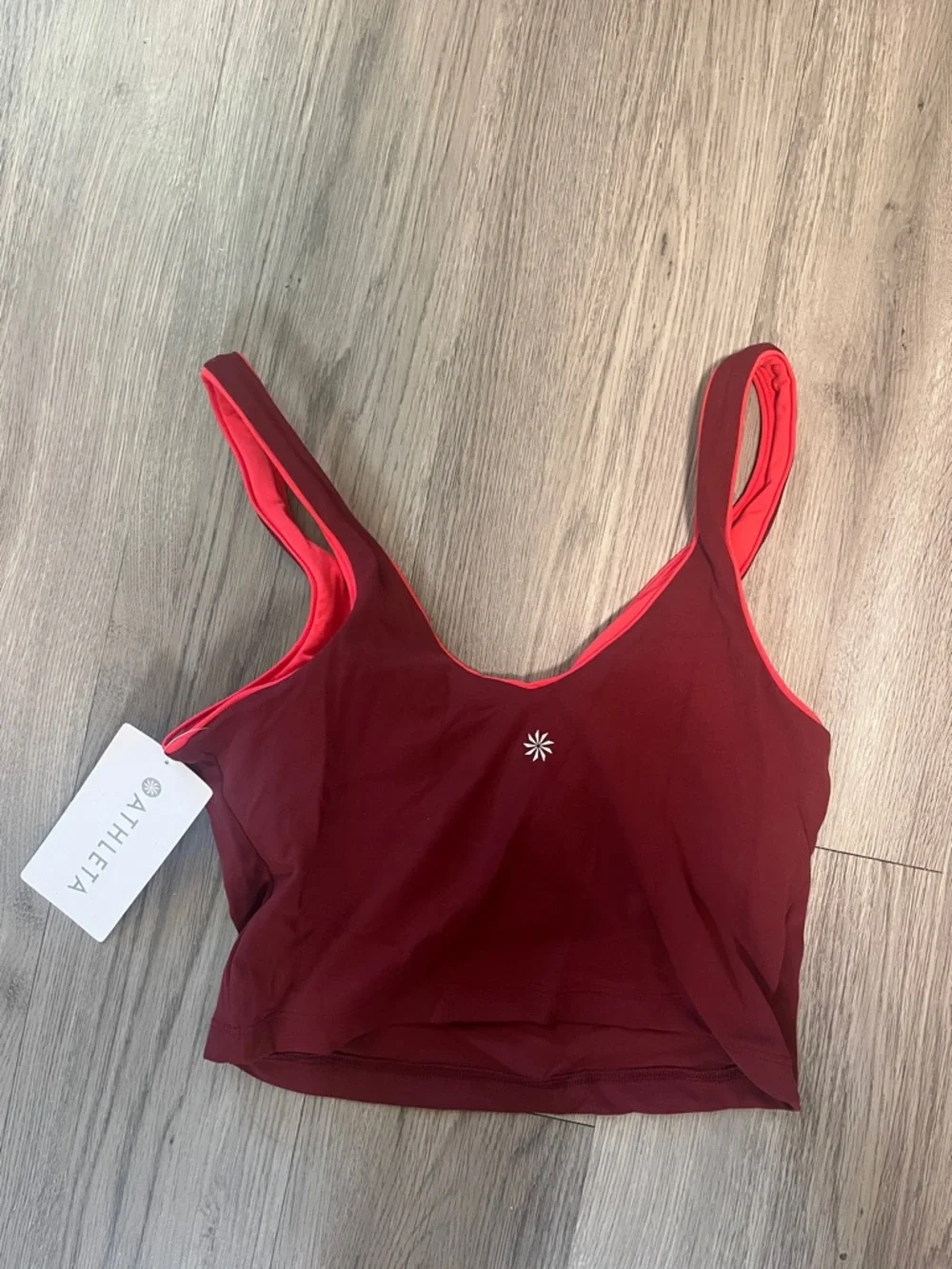 NWT Athleta Transcend V-Neck Crop Top Maroon with Bright Coral Trim - Picture 3 of 4